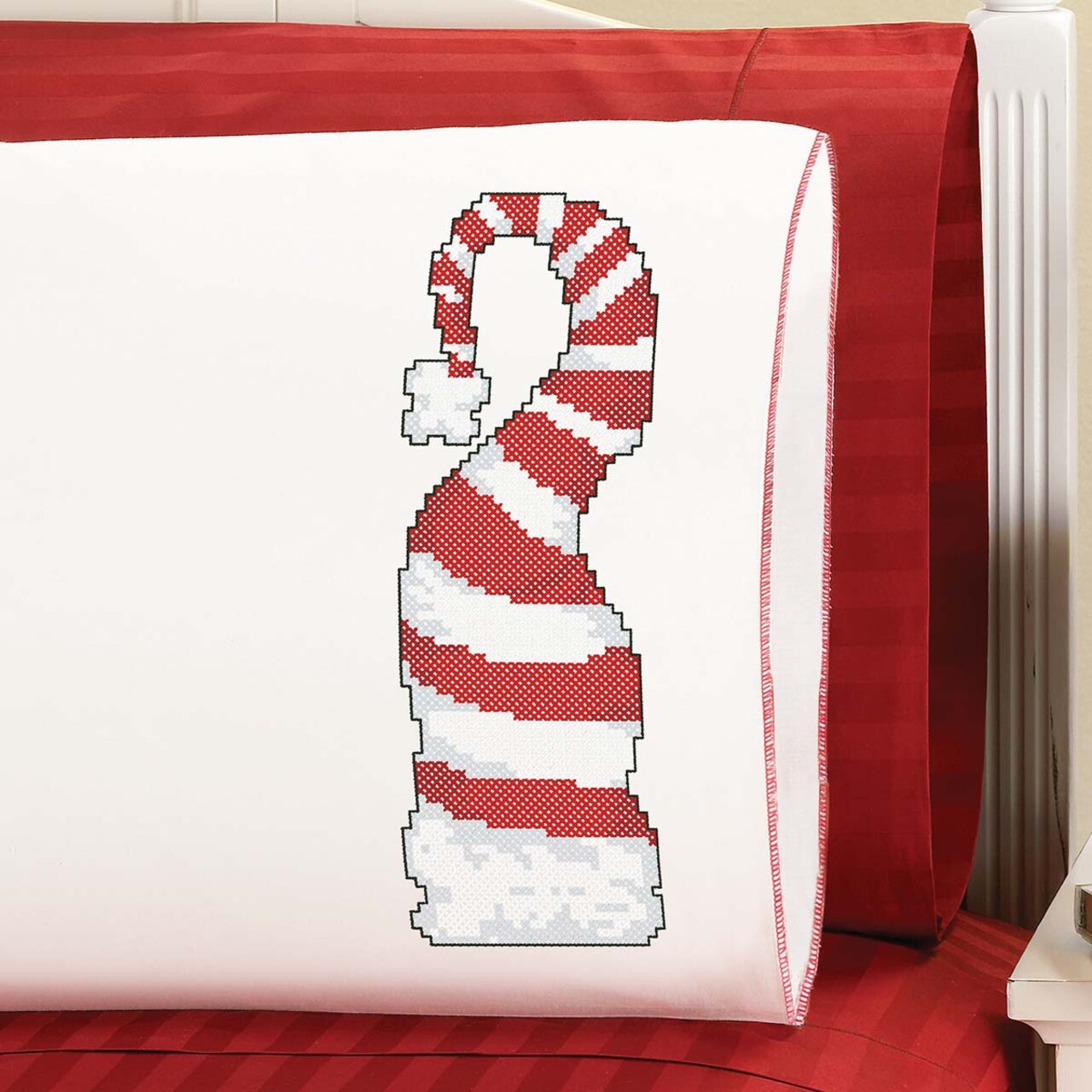 Herrschners Santa's Stocking Cap Pillowcase Pair Stamped Cross-Stitch